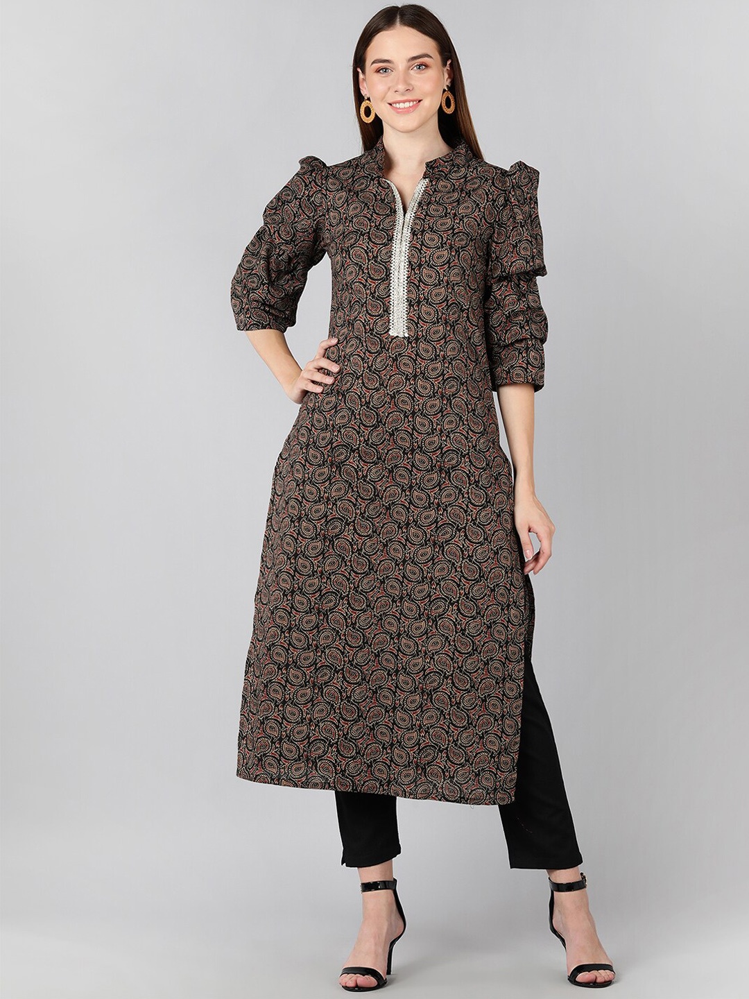 

ZNX Clothing Women Brown Printed Flared Sleeves Gotta Patti Kurta