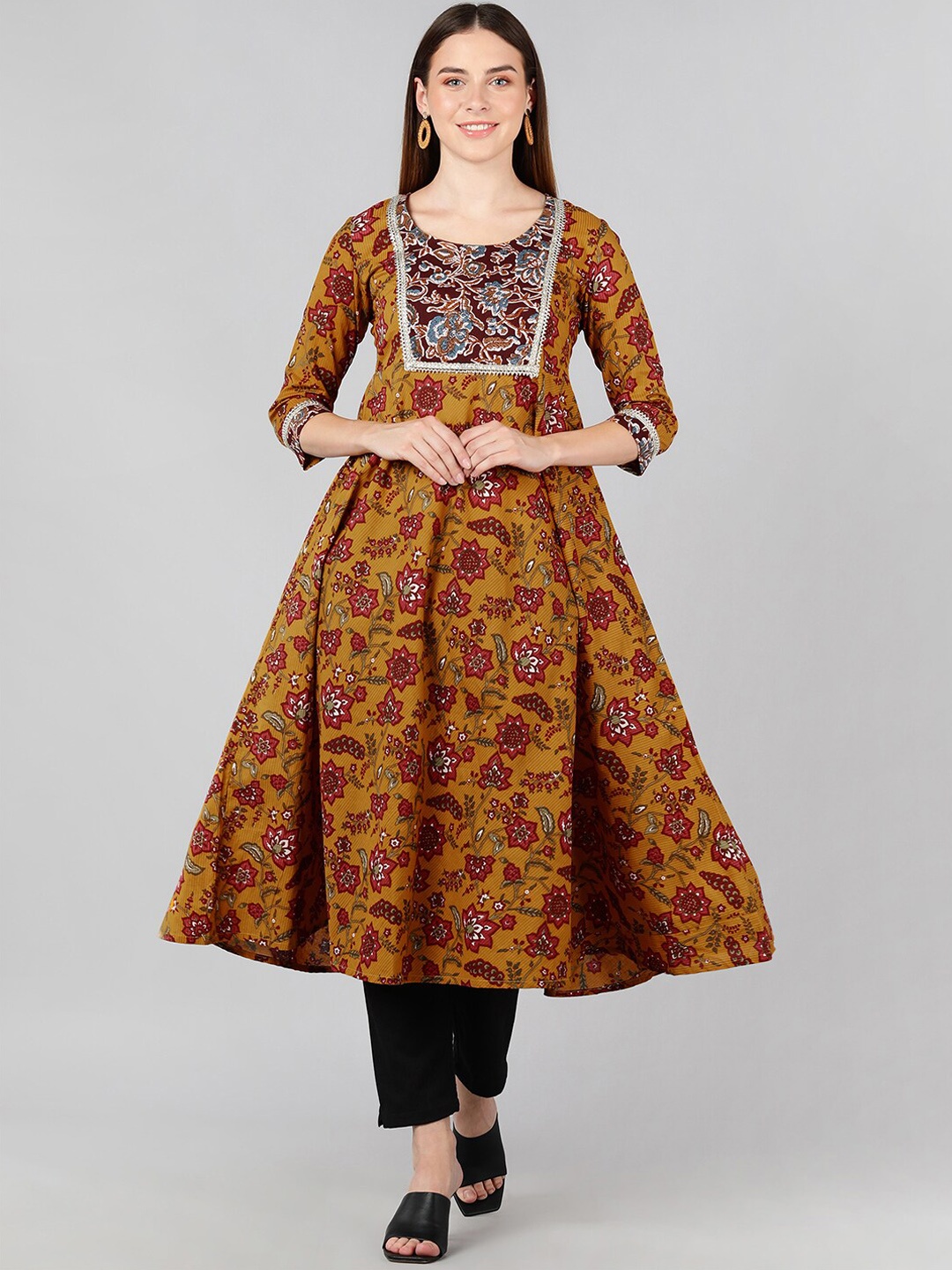 

ZNX Clothing Women Mustard Yellow Floral Printed Thread Work Kurta