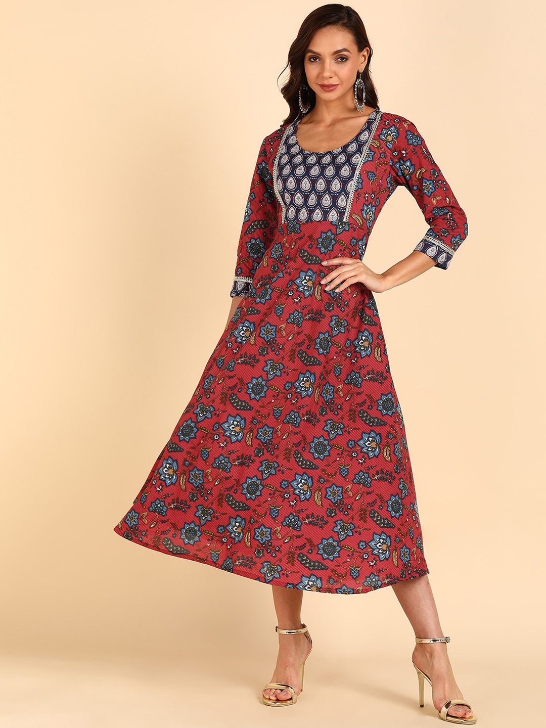 

ZNX Clothing Women Maroon & Blue Floral Printed Gotta Patti Anarkali Kurta
