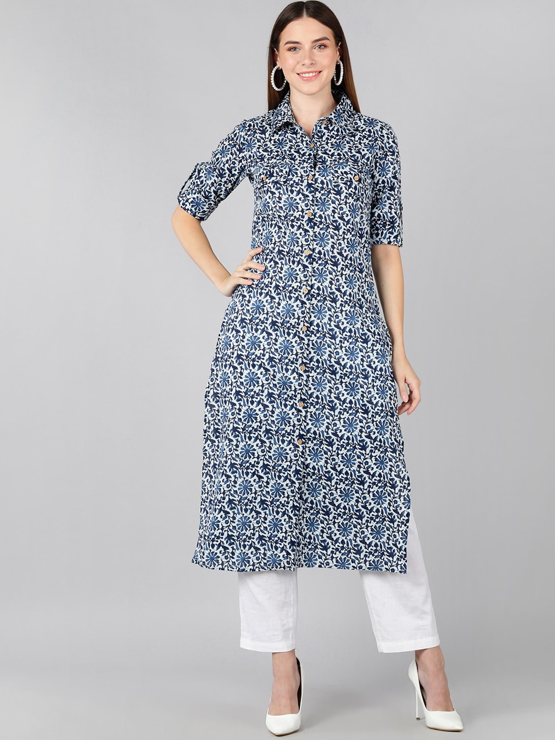

ZNX Clothing Women White & Navy Blue Floral Printed Kurta