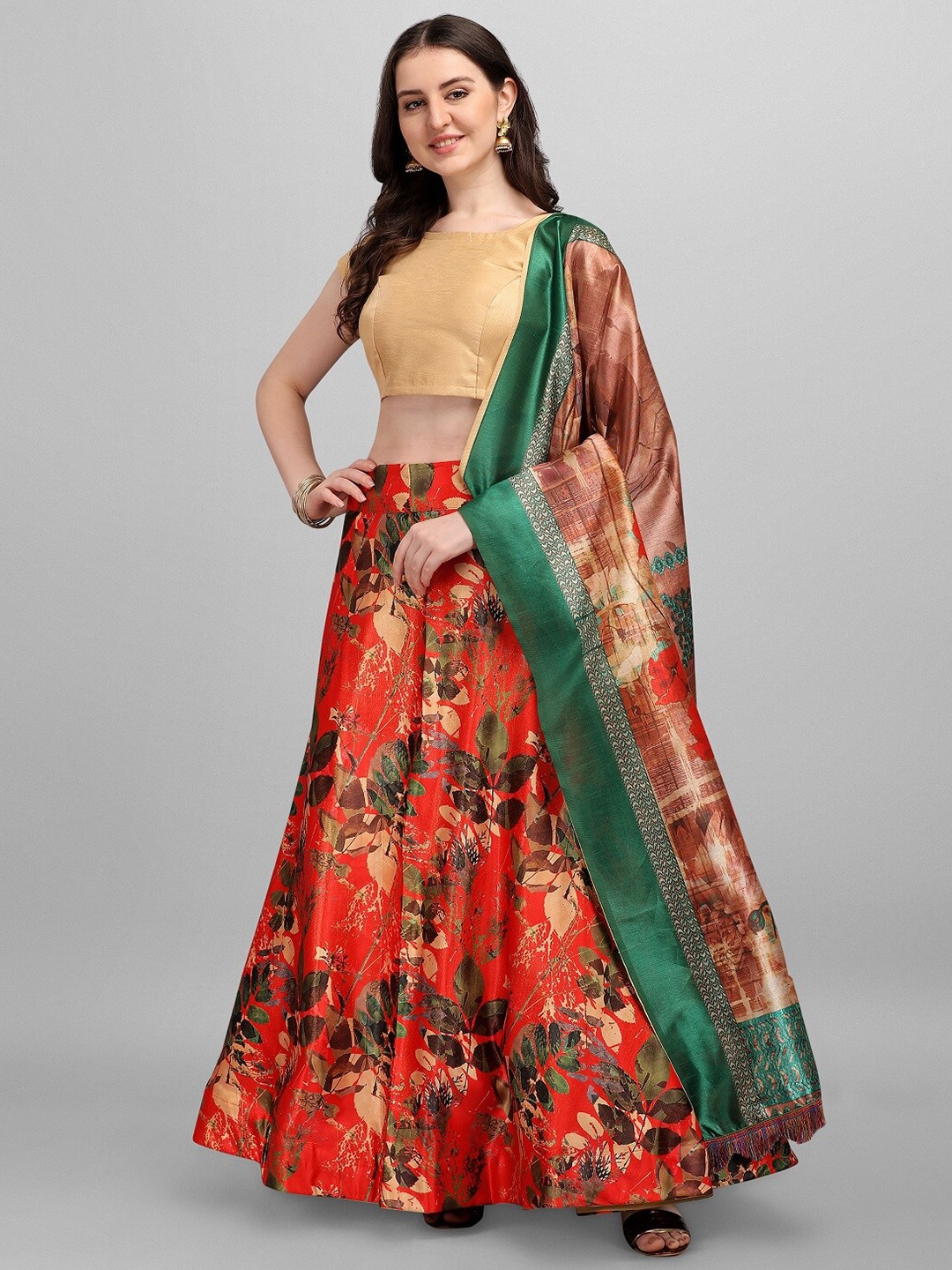 

Ethnic Yard Red & Green Semi-Stitched Lehenga & Unstitched Blouse With Dupatta