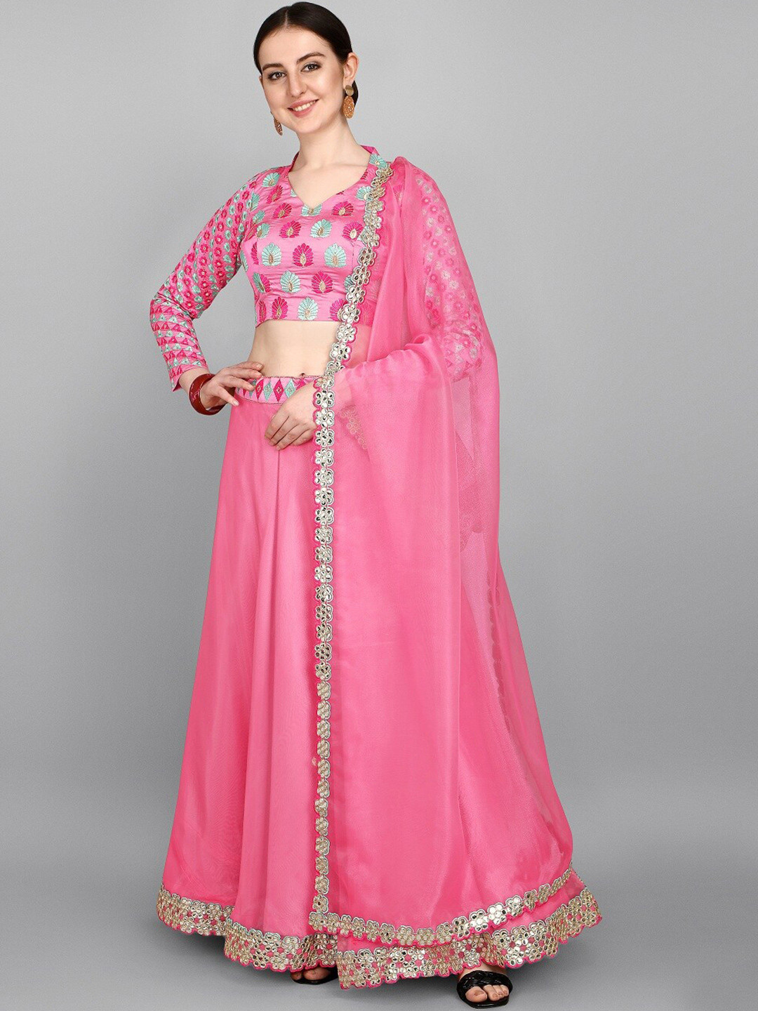 

Ethnic Yard Pink & Blue Mirror Work Semi-Stitched Lehenga & Unstitched Blouse With Dupatta