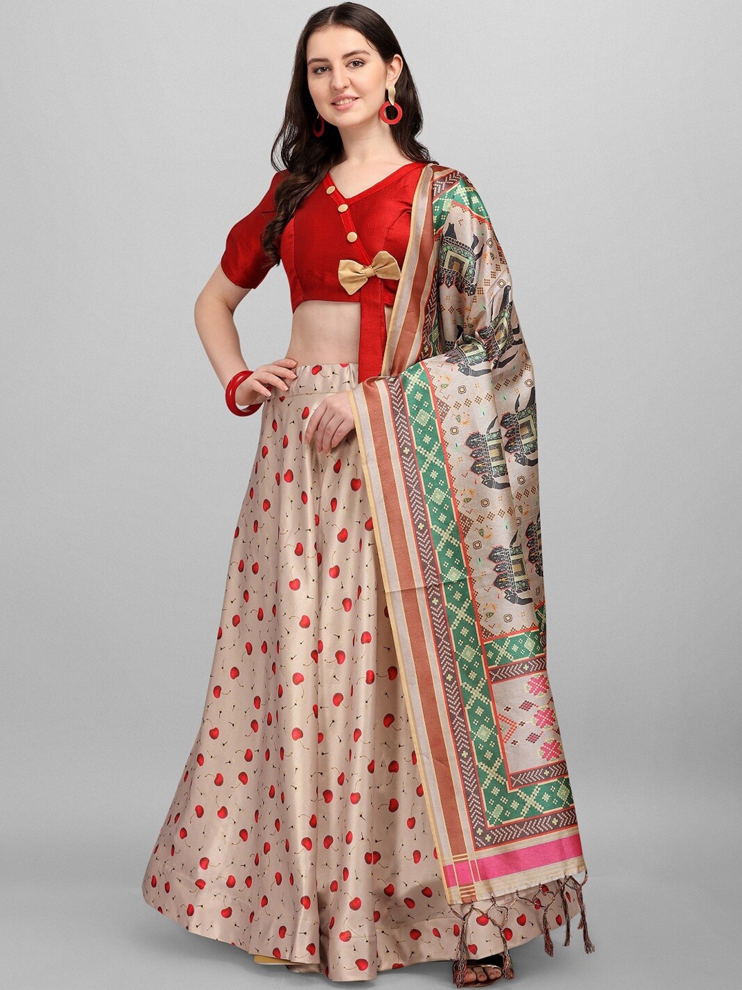 

Ethnic Yard Women Red & Beige Semi-Stitched Lehenga & Unstitched Blouse With Dupatta
