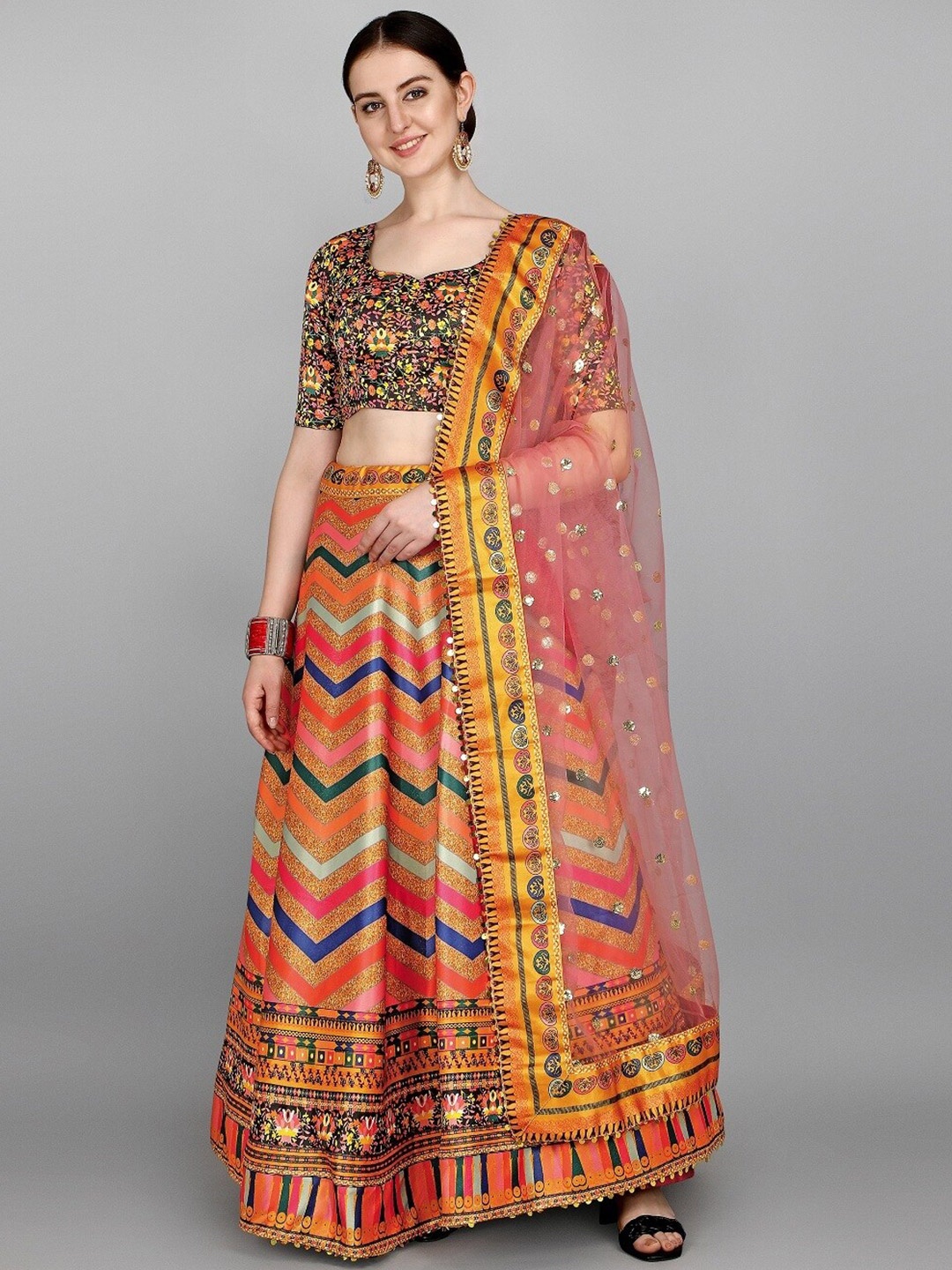 

Ethnic Yard Yellow & Black Printed Semi-Stitched Lehenga & Unstitched Blouse With Dupatta