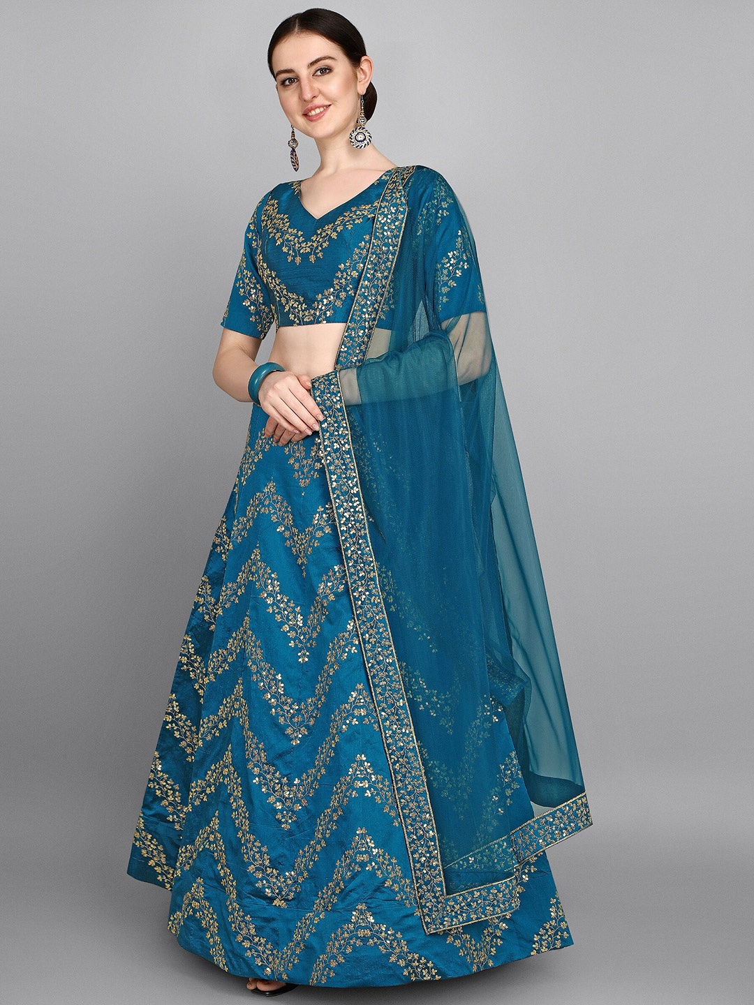 

Ethnic Yard Turquoise Blue & Gold-Toned Embellished Sequinned Semi-Stitched Lehenga Set