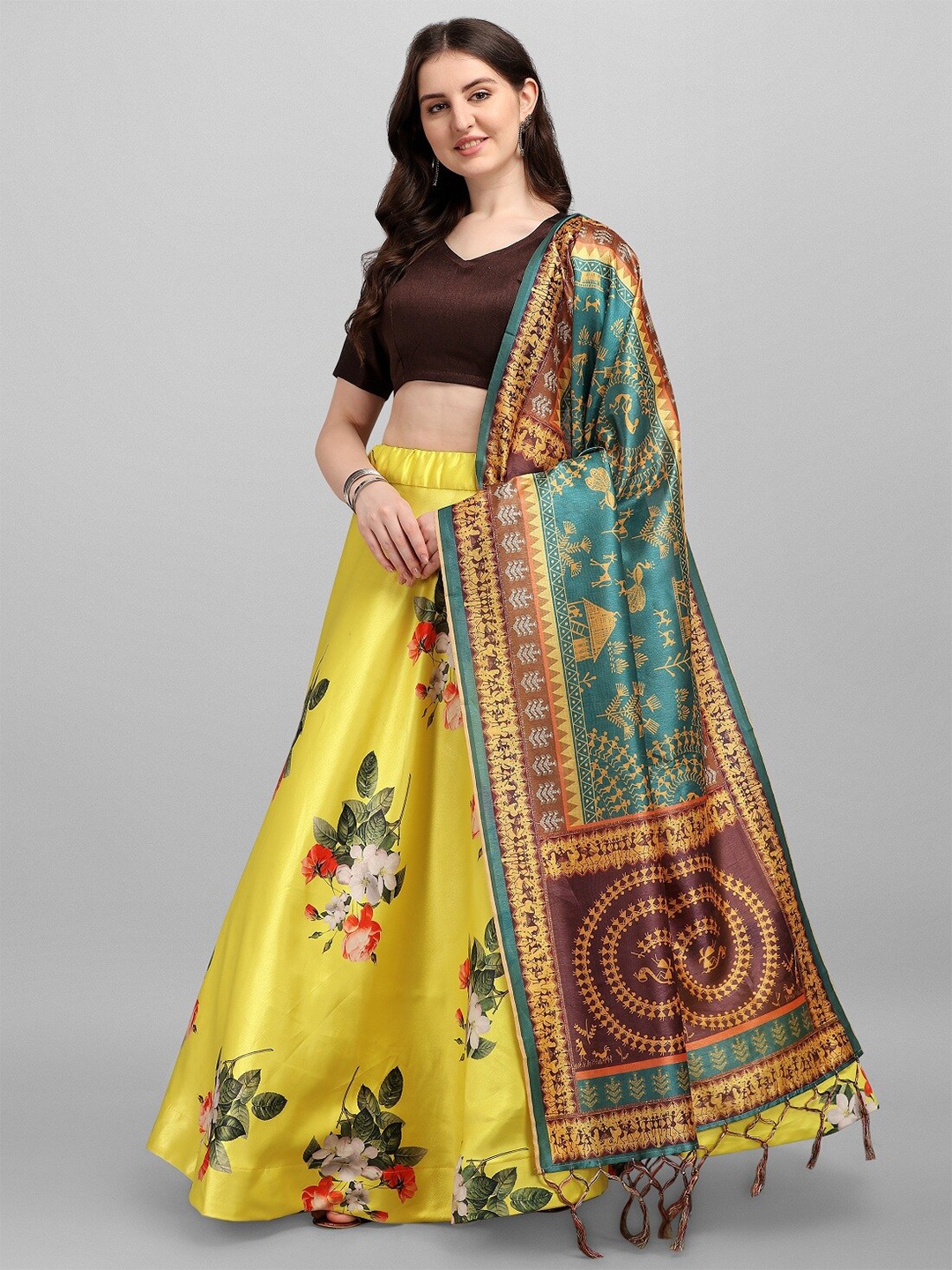 

Ethnic Yard Women Yellow & Brown Semi-Stitched Lehenga & Unstitched Blouse With Dupatta