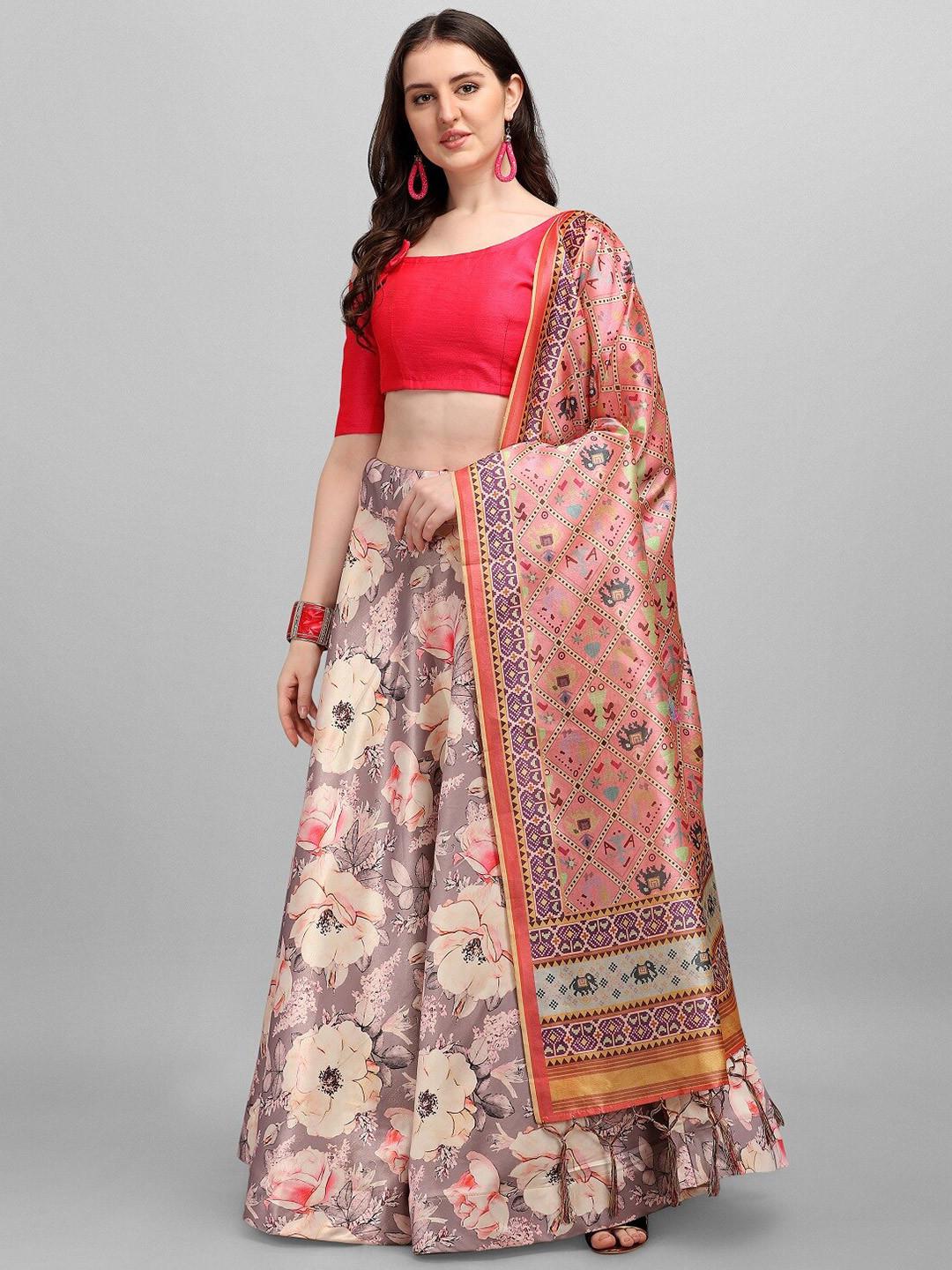 

Ethnic Yard Women Grey & Brown Semi-Stitched Lehenga & Unstitched Blouse With Dupatta
