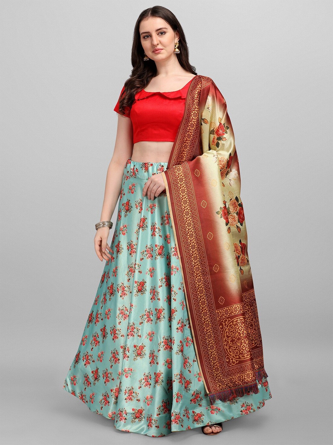 

Ethnic Yard Turquoise Blue & Red Semi-Stitched Lehenga & Unstitched Blouse With Dupatta