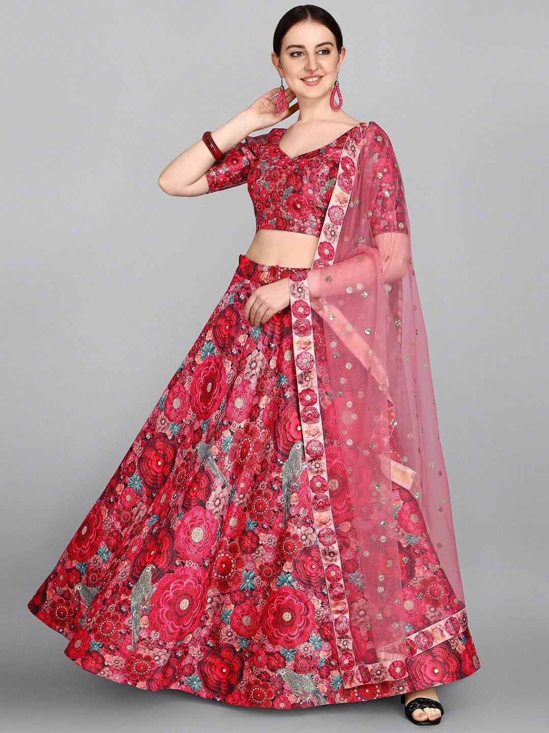 

Ethnic Yard Red & Blue Printed Semi-Stitched Lehenga & Unstitched Blouse With Dupatta