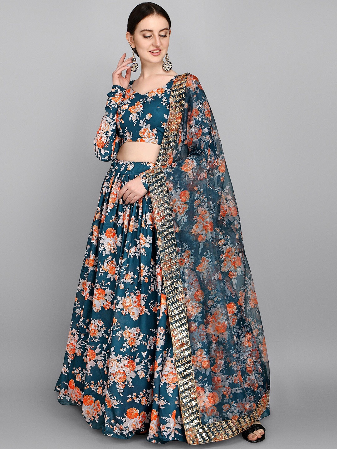 

Ethnic Yard Turquoise Blue & Orange Printed Semi-Stitched Lehenga & Unstitched Blouse With Dupatta