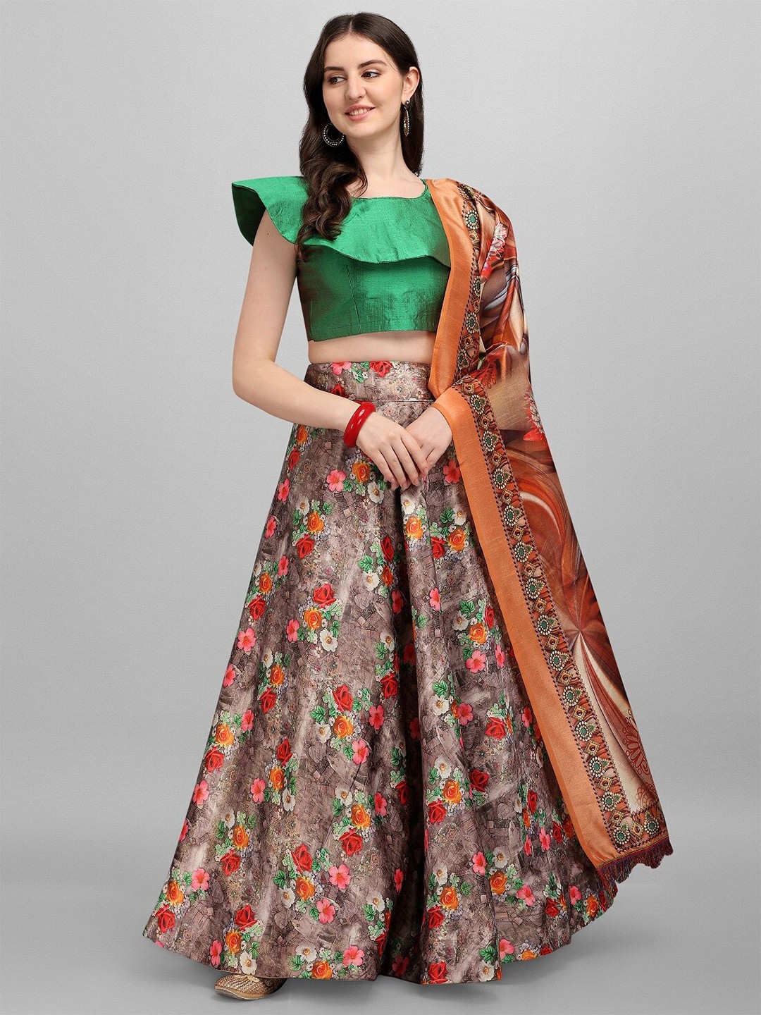 

Ethnic Yard Green & Brown Semi-Stitched Lehenga & Unstitched Blouse With Dupatta