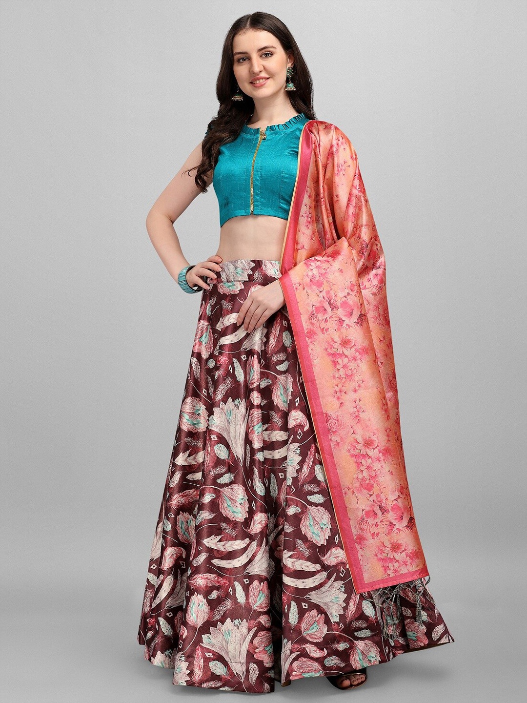 

Ethnic Yard Brown & Pink Semi-Stitched Lehenga & Unstitched Blouse With Dupatta
