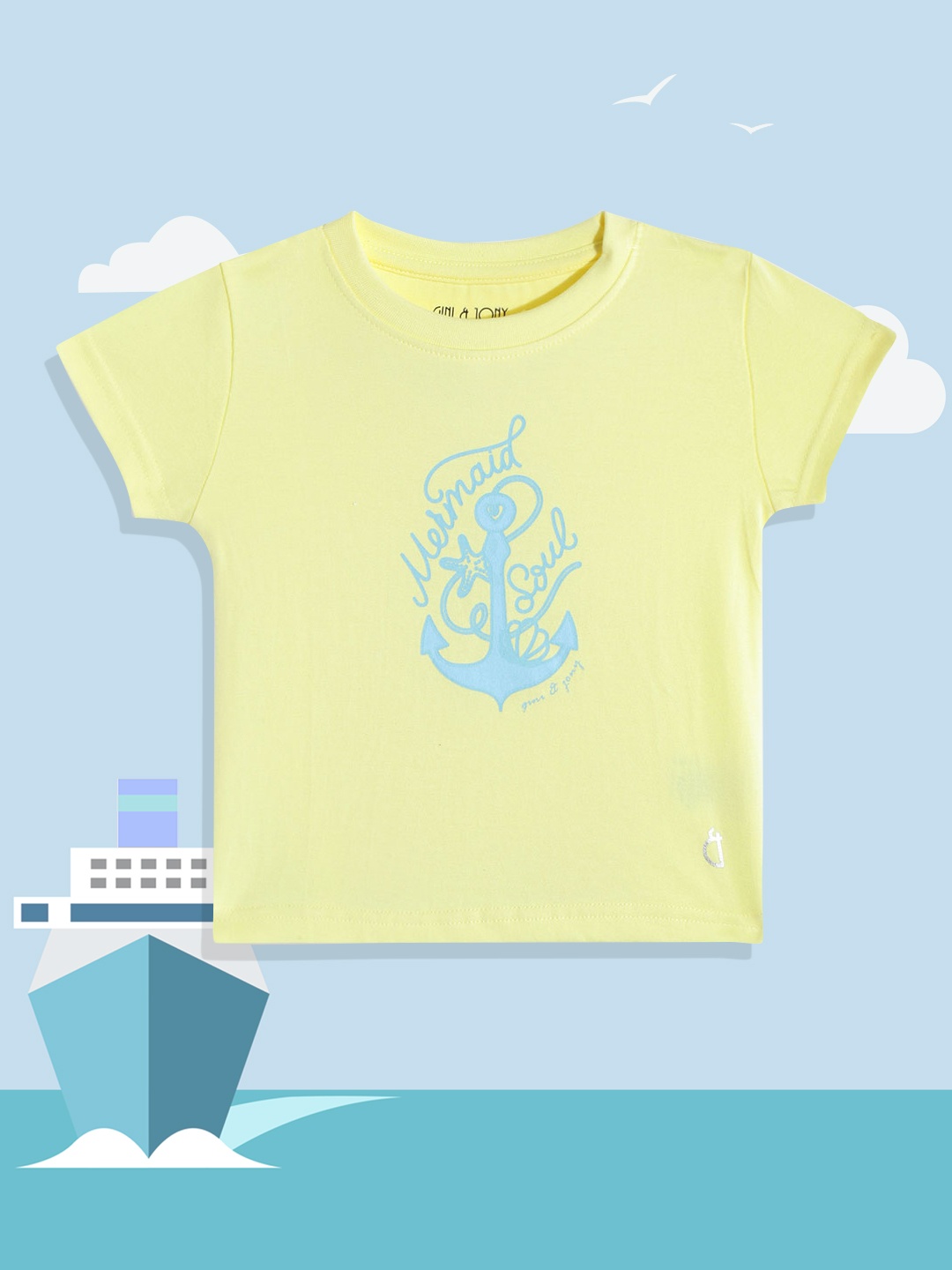 

Gini and Jony Infant Girls Yellow & Blue Graphic Printed Cotton T-shirt
