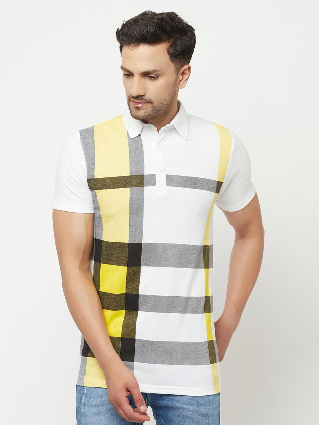 

ELEGANCE Men Yellow & white alyssum Striped Polo Collar T-shirt