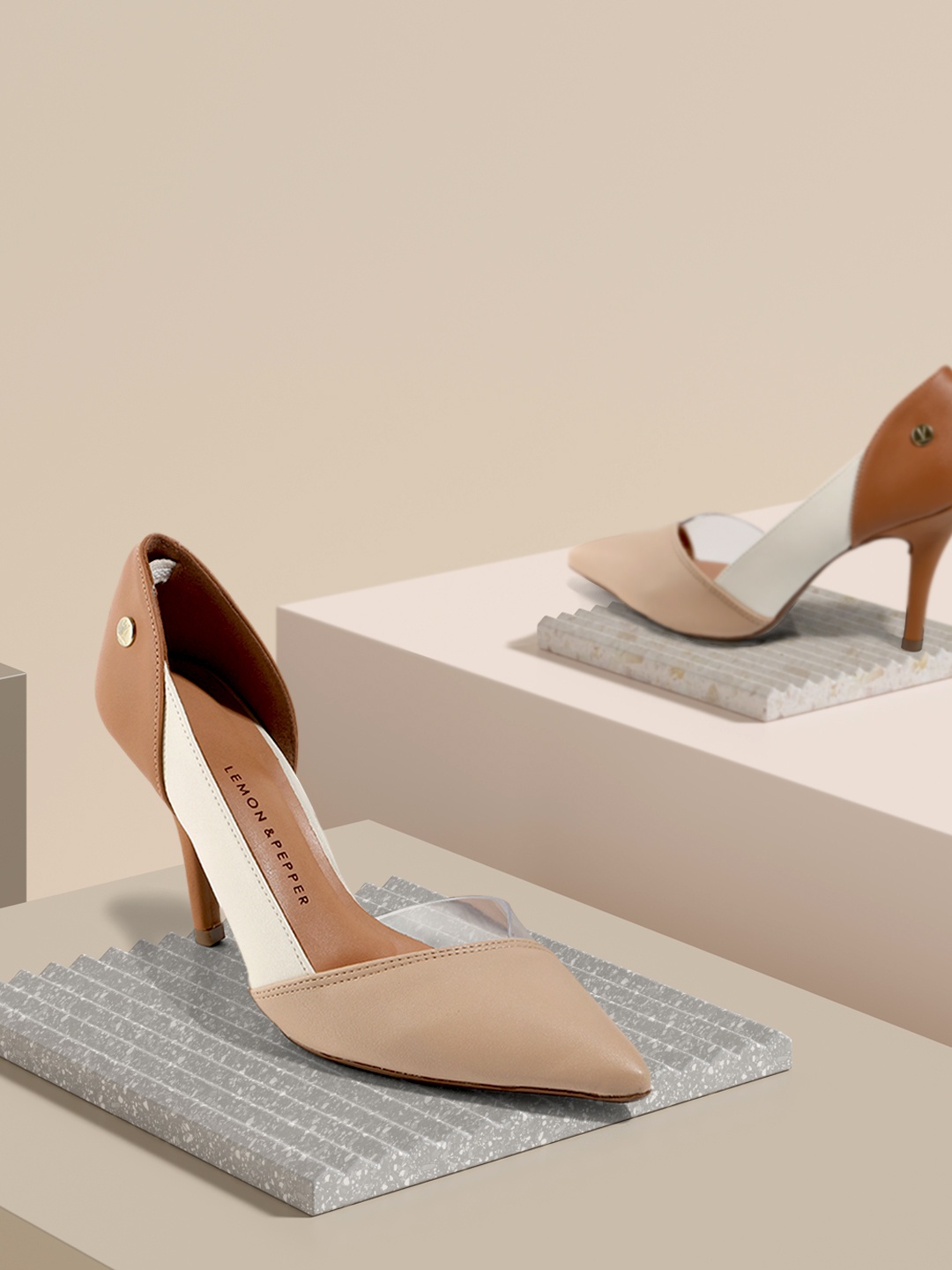 

LEMON & PEPPER Beige Colourblocked PU Party Stiletto Pumps