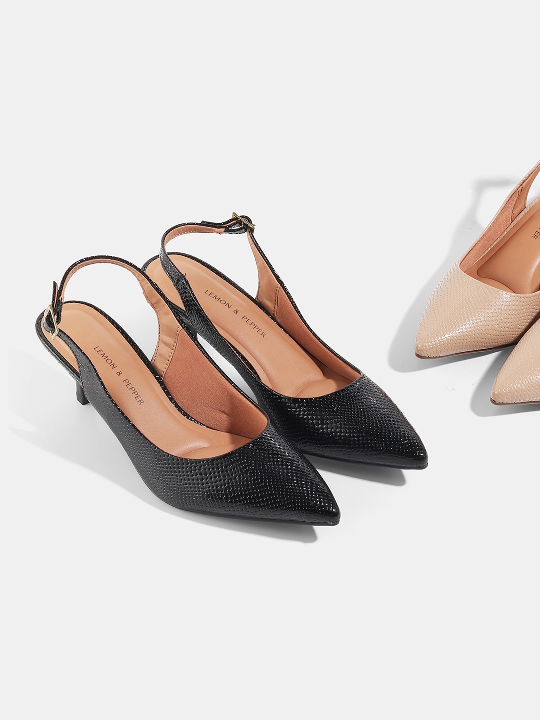 

LEMON & PEPPER Black Textured PU Kitten Pumps with Buckles Heels