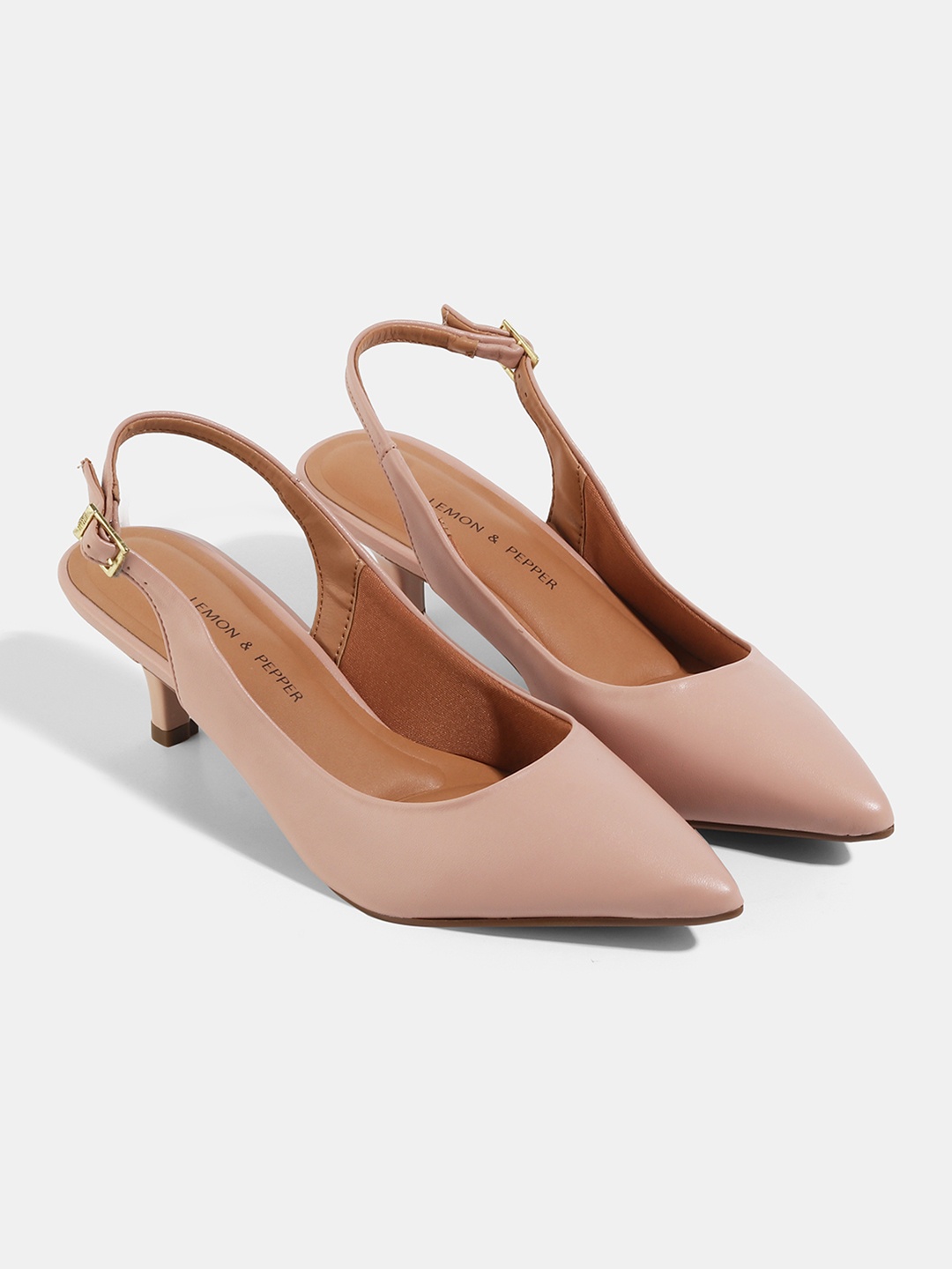 

LEMON & PEPPER Women Pink PU Kitten Pumps with Buckles