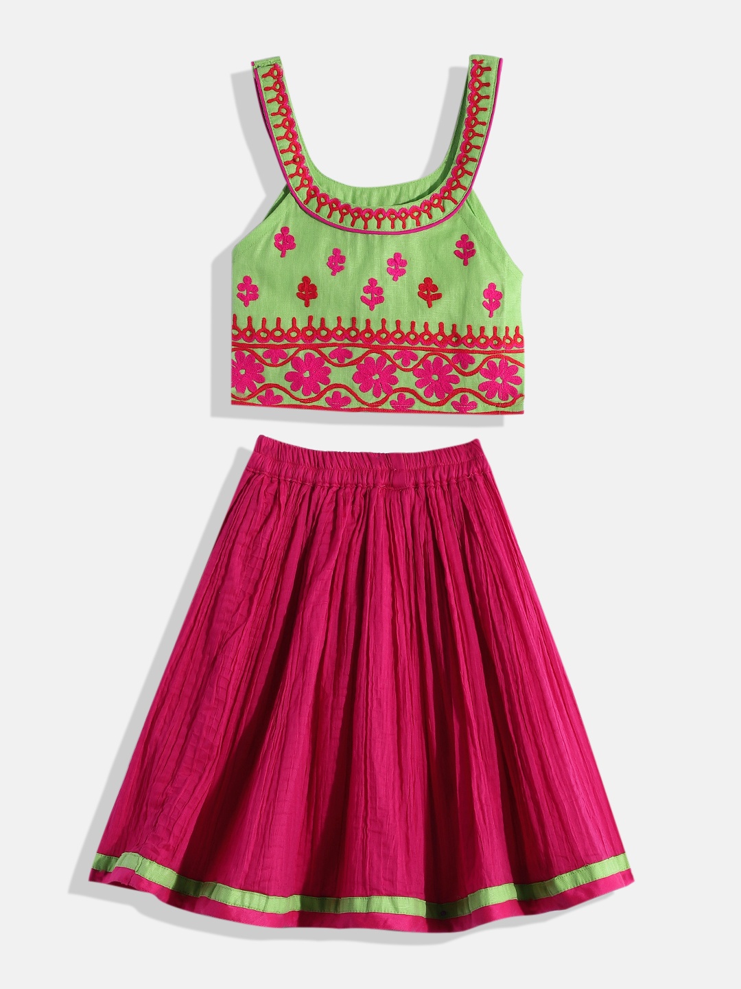 

Twisha Girls Green & Pink Embellished Top with Skirt