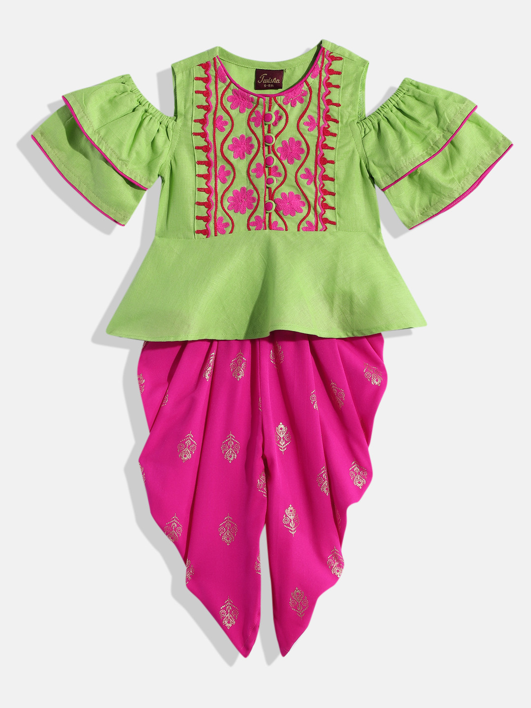 

Twisha Girls Green & Pink Embellished Top with Dhoti Pants