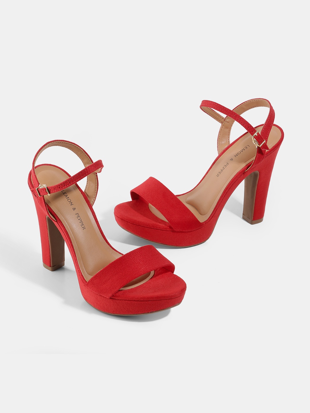 

LEMON & PEPPER Red PU Party Block Sandals with Buckles