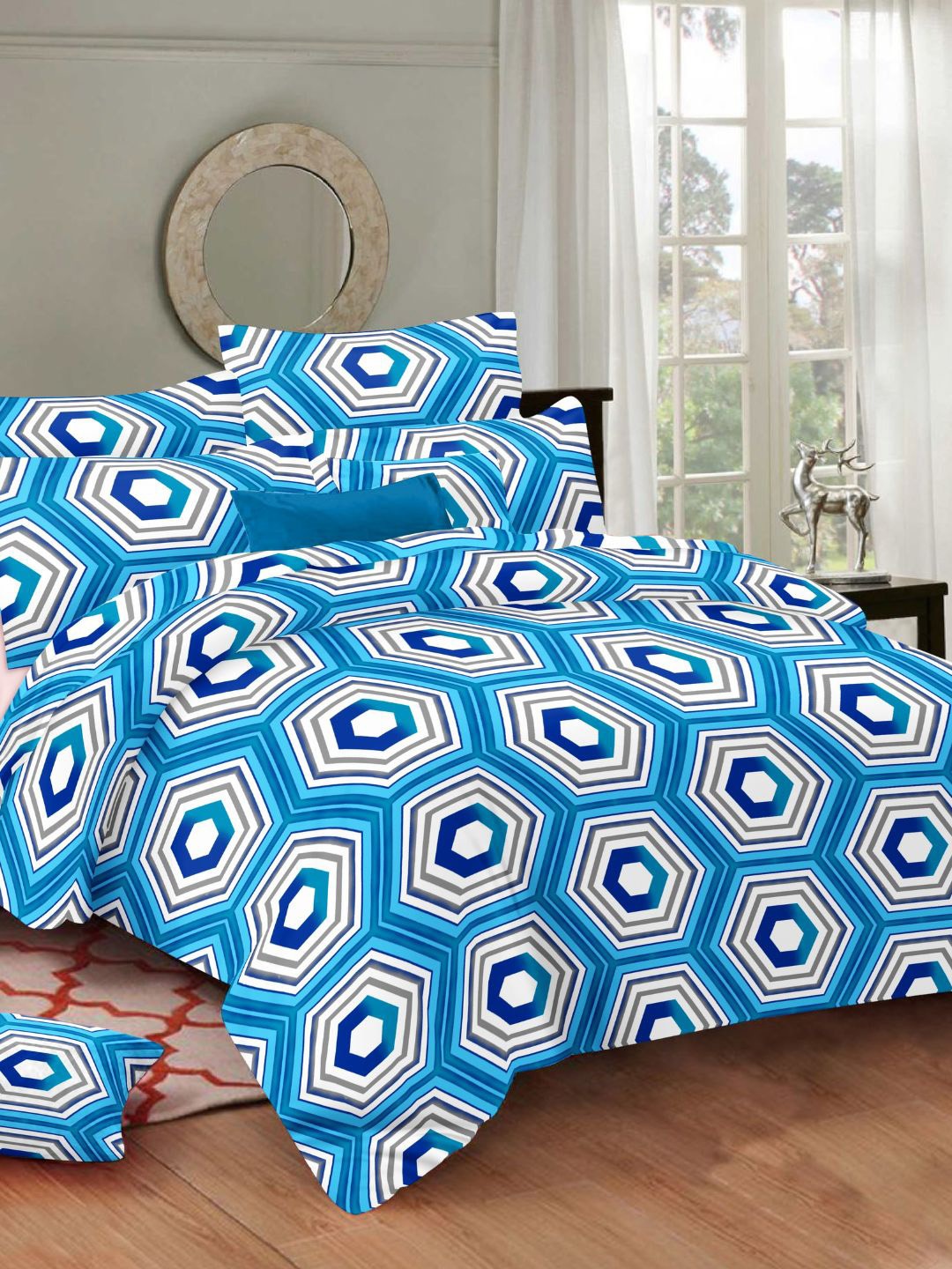 

Sleeping Owls- because your sleep matters Blue & White Geometric 144 TC King Bedsheet with 2 Pillow Covers