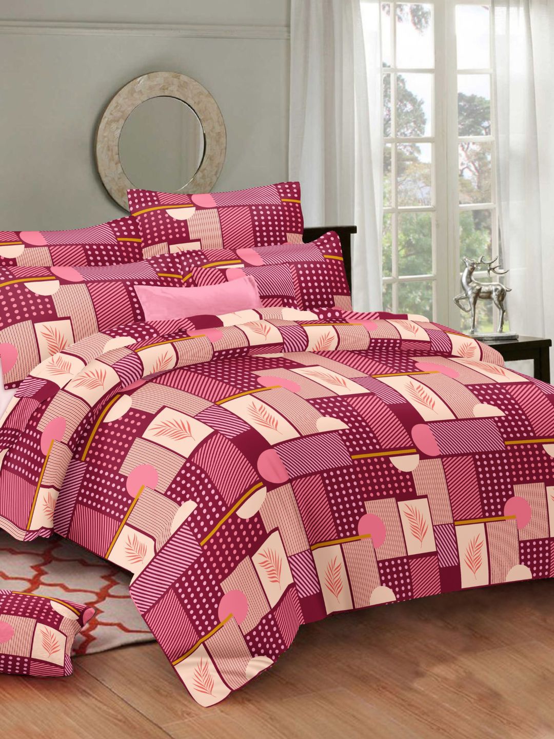 

Sleeping Owls- because your sleep matters Pink & Cream-Coloured Geometric 144 TC King Bedsheet with 2 Pillow