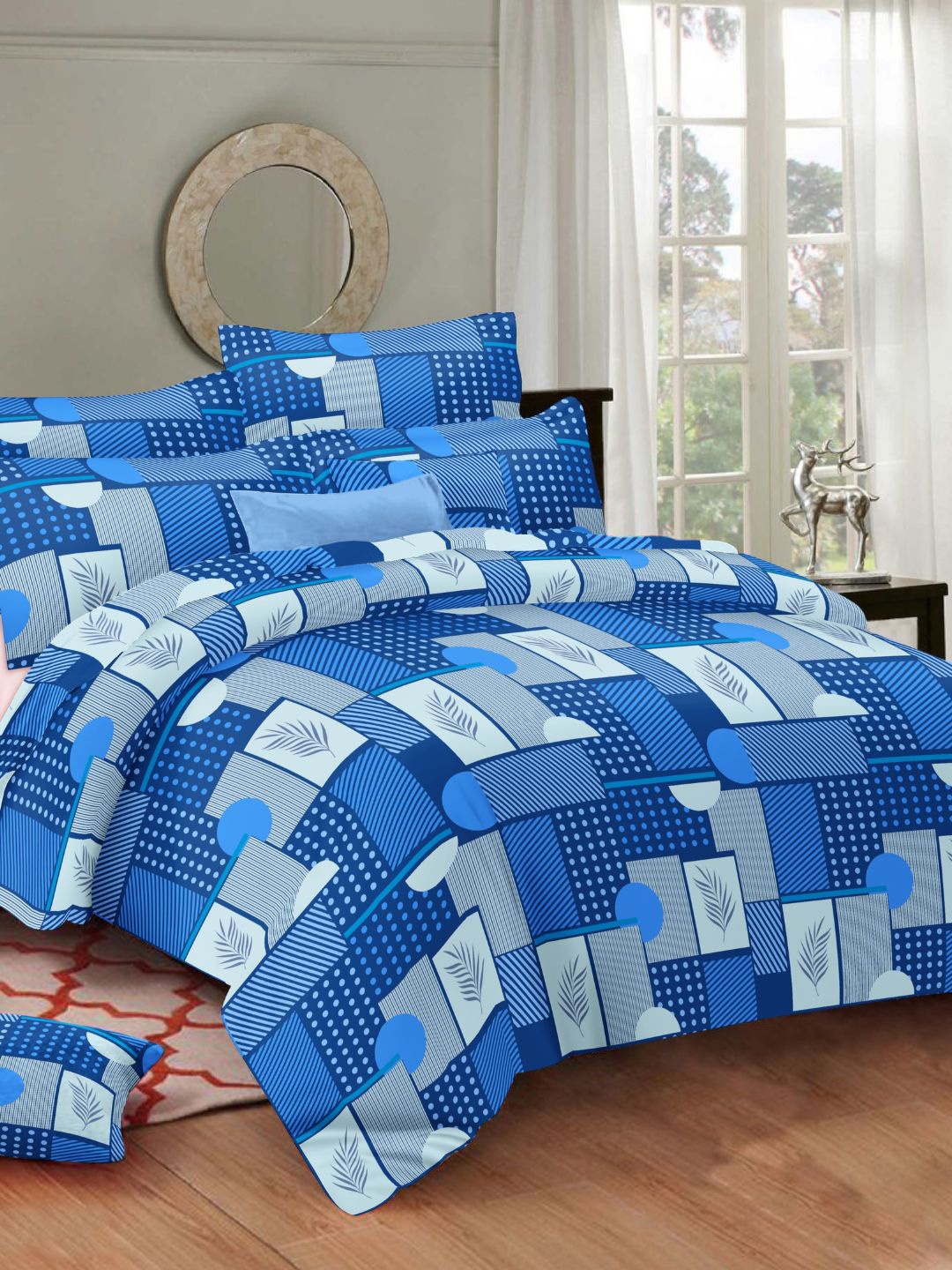 

Sleeping Owls- because your sleep matters Blue & White Geometric 144 TC King Bedsheet with 2 Pillow Covers