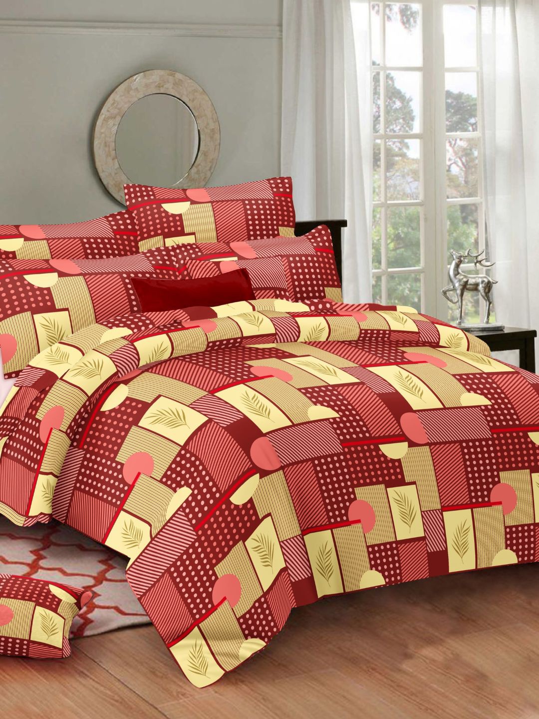 

Sleeping Owls- because your sleep matters Burgundy & Yellow Geometric 144 TC King Bedsheet with 2 Pillow