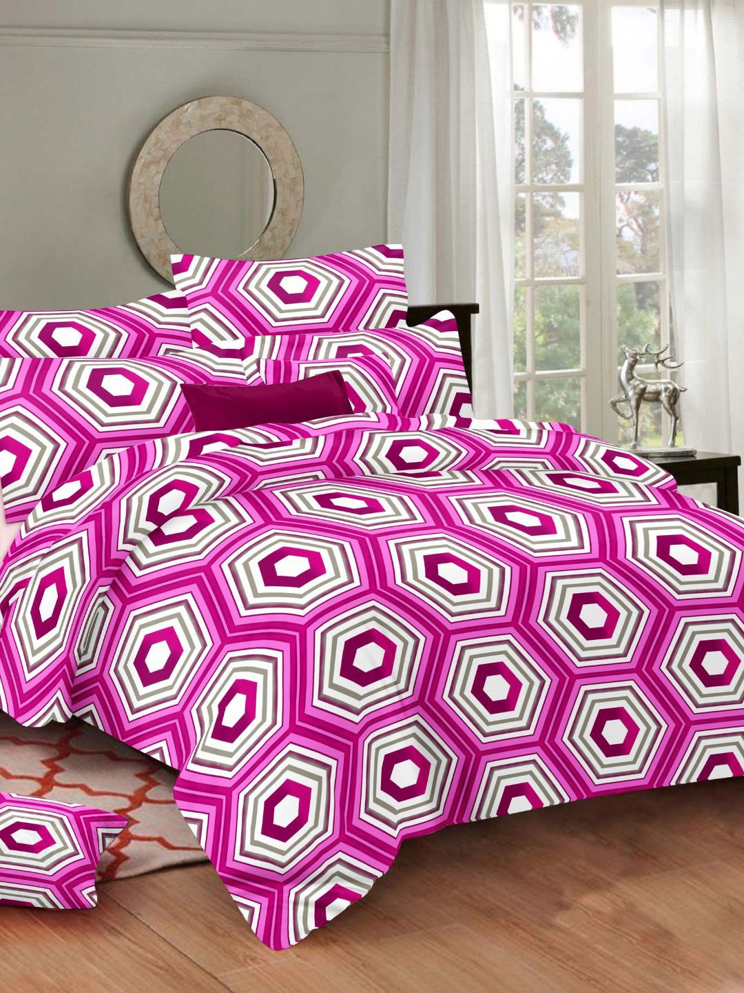 

Sleeping Owls- because your sleep matters Pink & White Geometric 144 TC King Bedsheet with 2 Pillow Covers