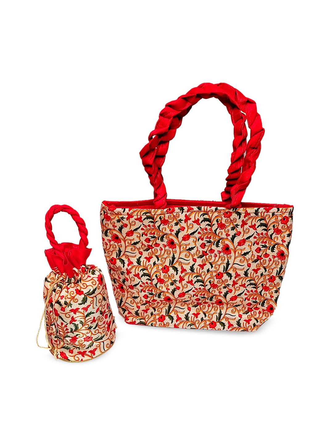 

CRAYTON Set Of 2 Red Floral Printed Handbag With Potli
