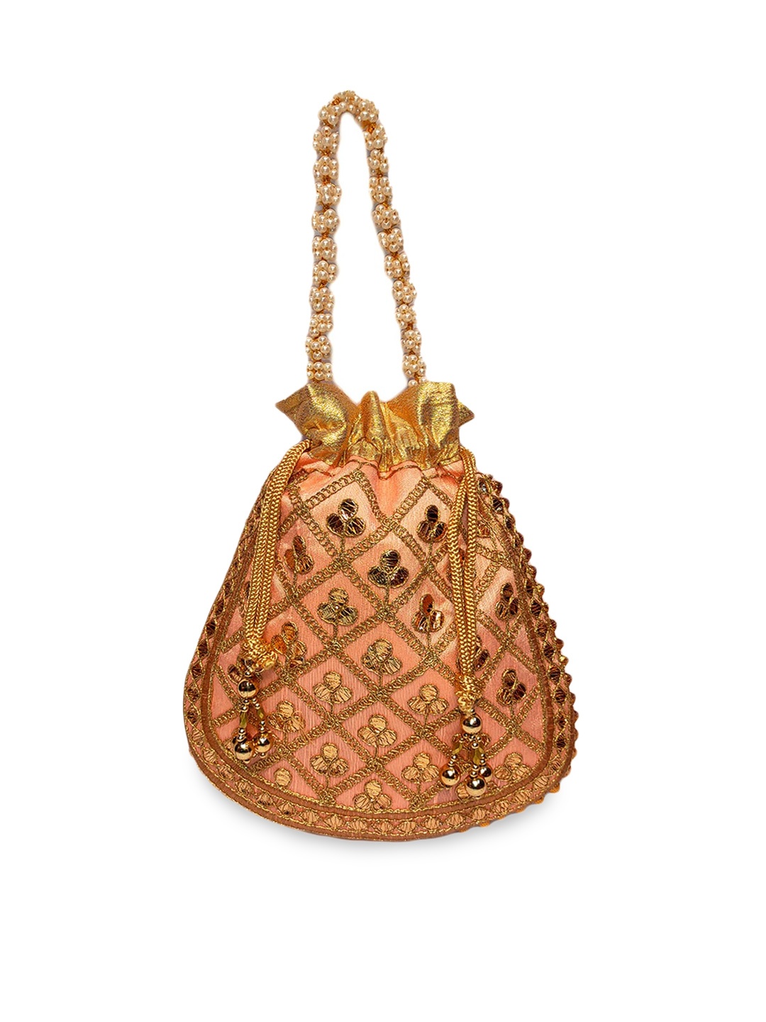 

CRAYTON Peach-Coloured & Gold-Toned Embroidered Potli Clutch