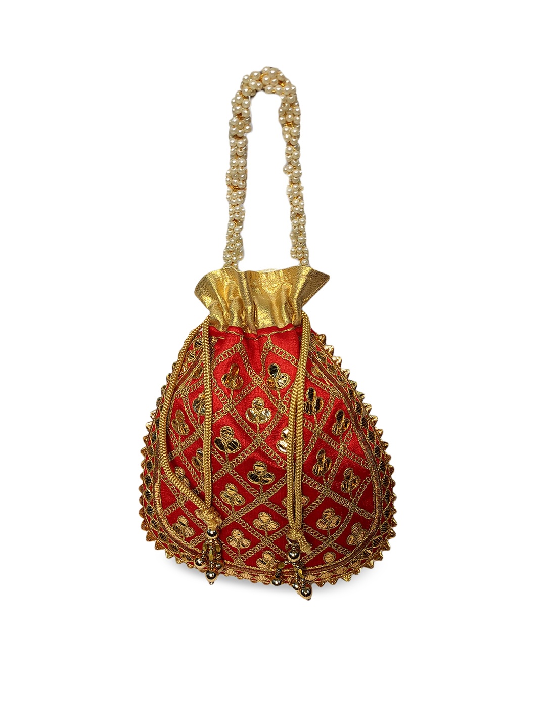 

CRAYTON Red & Gold-Toned Embroidered Potli Clutch