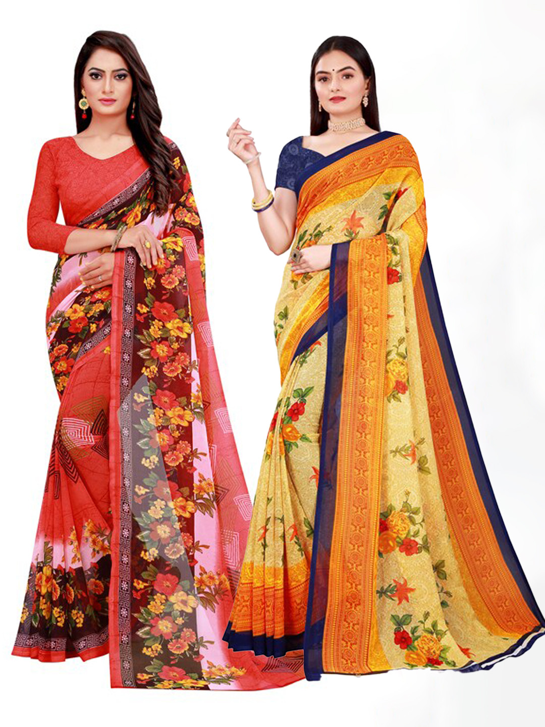 

Florence Pack Of 2 Women Yellow & Red Printed Pure Georgette Saree With Unstitched Blouse