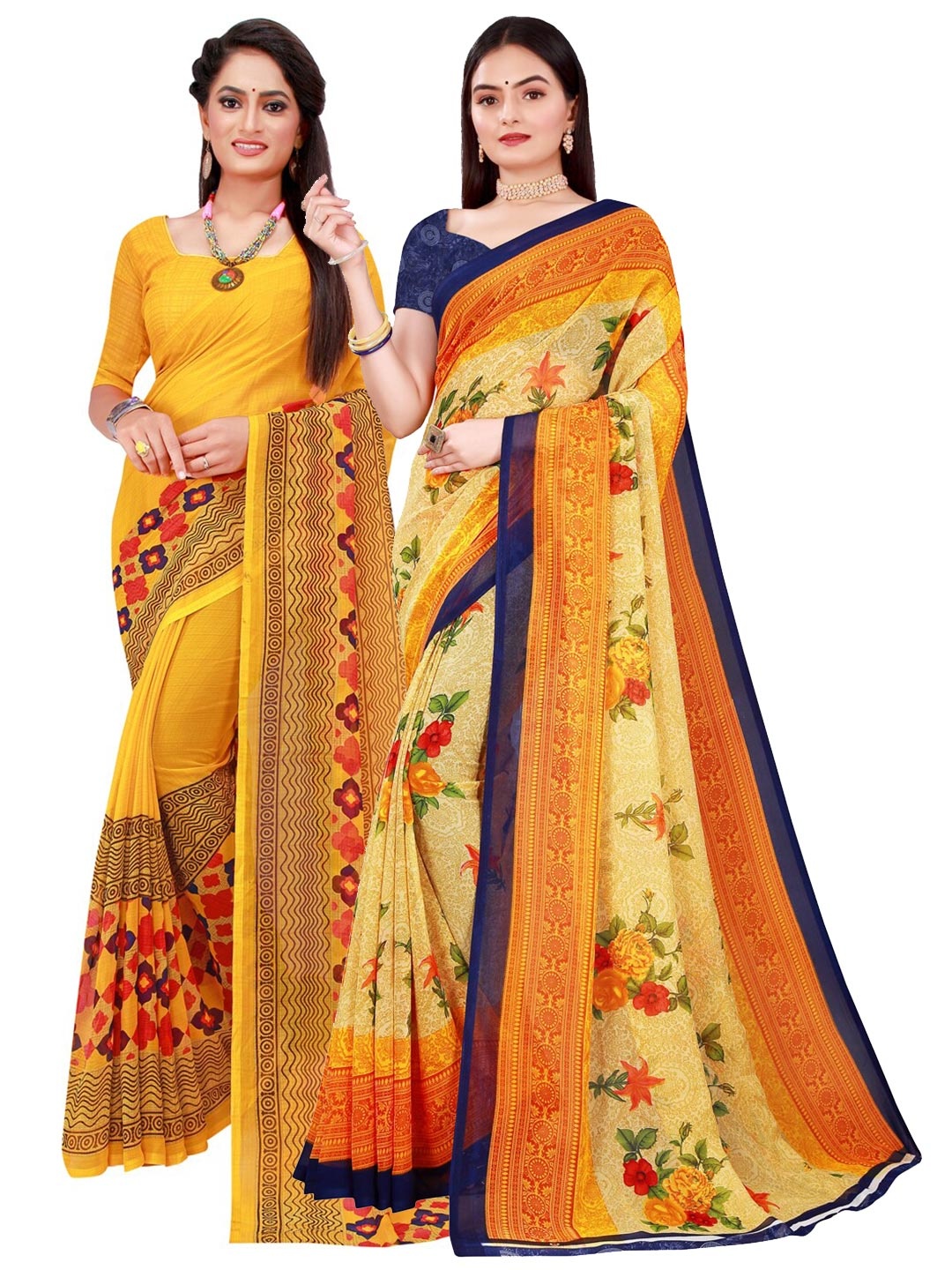 

Florence Pack Of 2 Women Yellow Printed Pure Georgette Saree With Unstitched Blouse