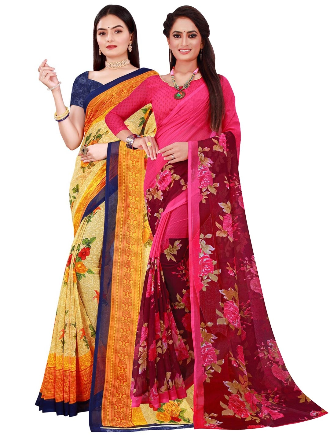 

Florence Pack Of 2 Women Yellow & Pink Printed Pure Georgette Saree With Unstitched Blouse