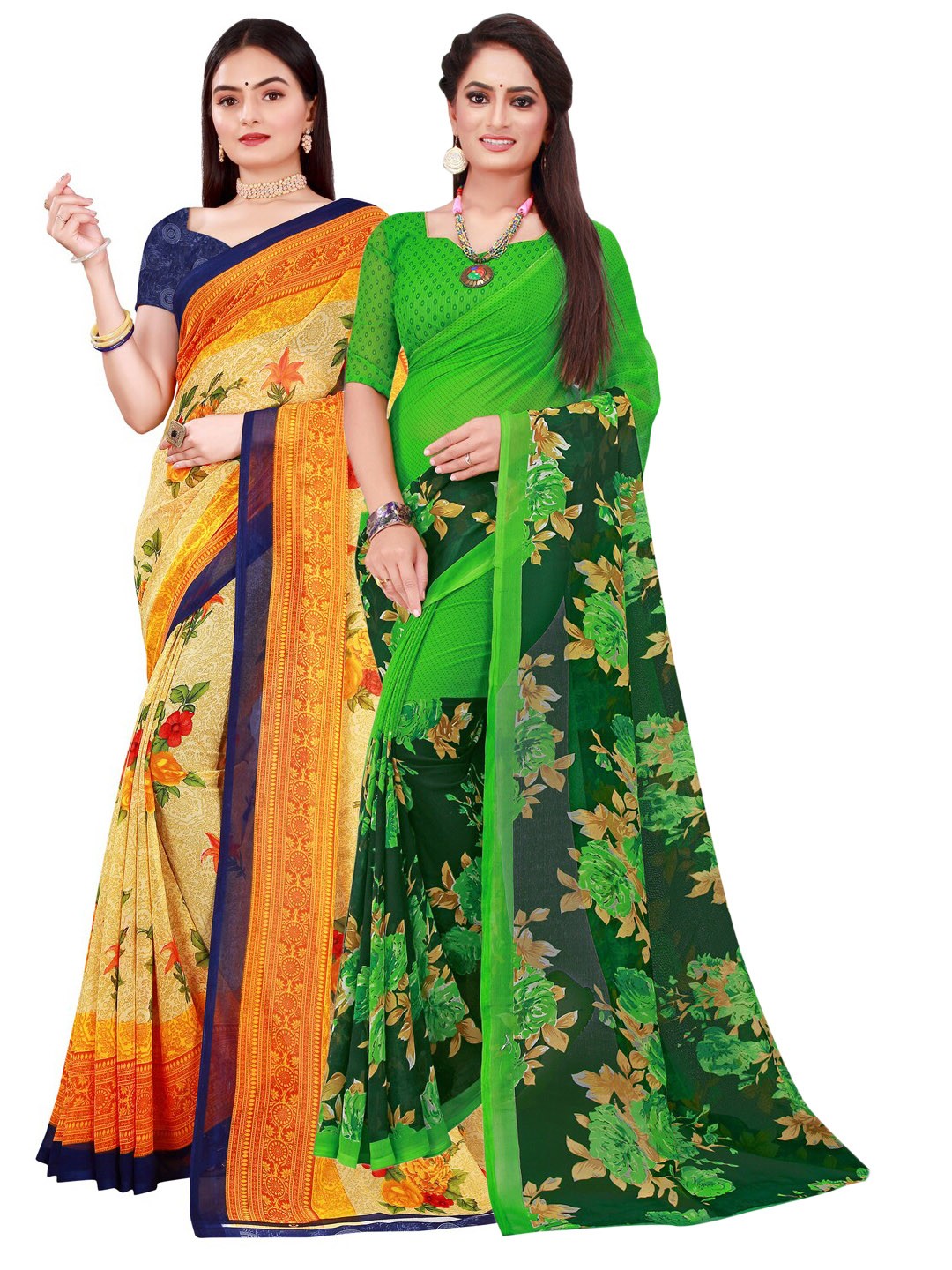 

Florence Pack Of 2 Women Yellow & Green Pure Georgette Saree With Unstitched Blouse