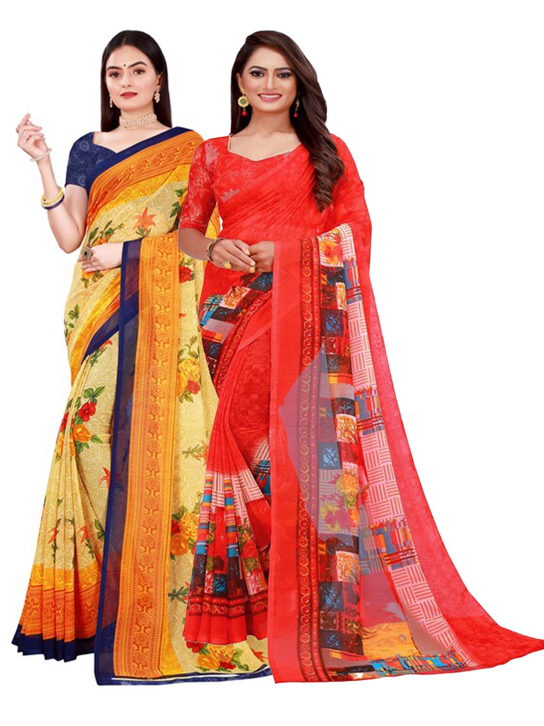 

Florence Pack Of 2 Women Yellow & Red Printed Pure Georgette Saree With Unstitched Blouse