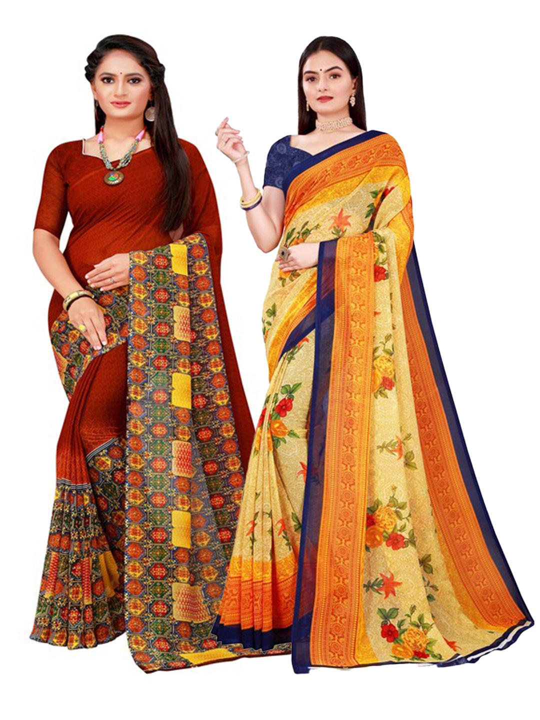 

Florence Pack of 2 Yellow & Maroon Floral Pure Georgette Saree