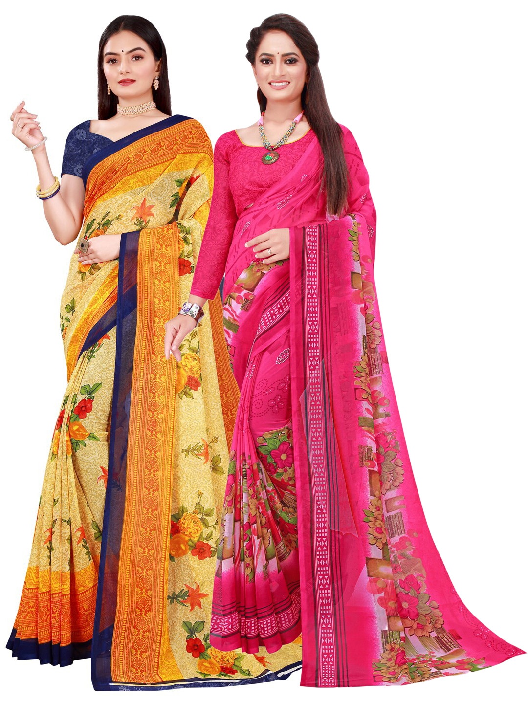 

Florence Women Pack Of 2 Beige & Pink Printed Pure Georgette Saree