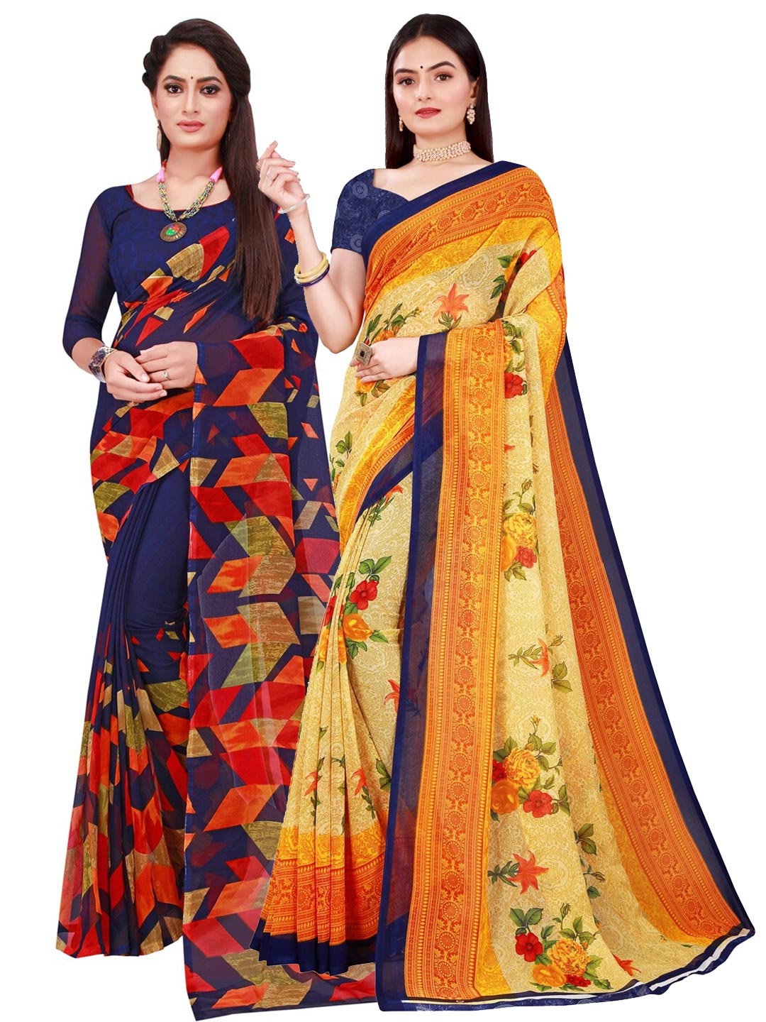 

Florence Pack of 2 Beige & Navy Blue Pure Georgette Saree