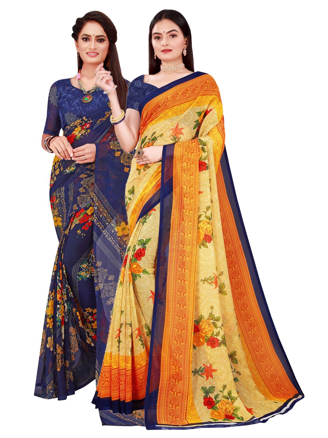 

Florence Beige & Navy Blue Floral Pure Georgette Pack Of 2 Saree