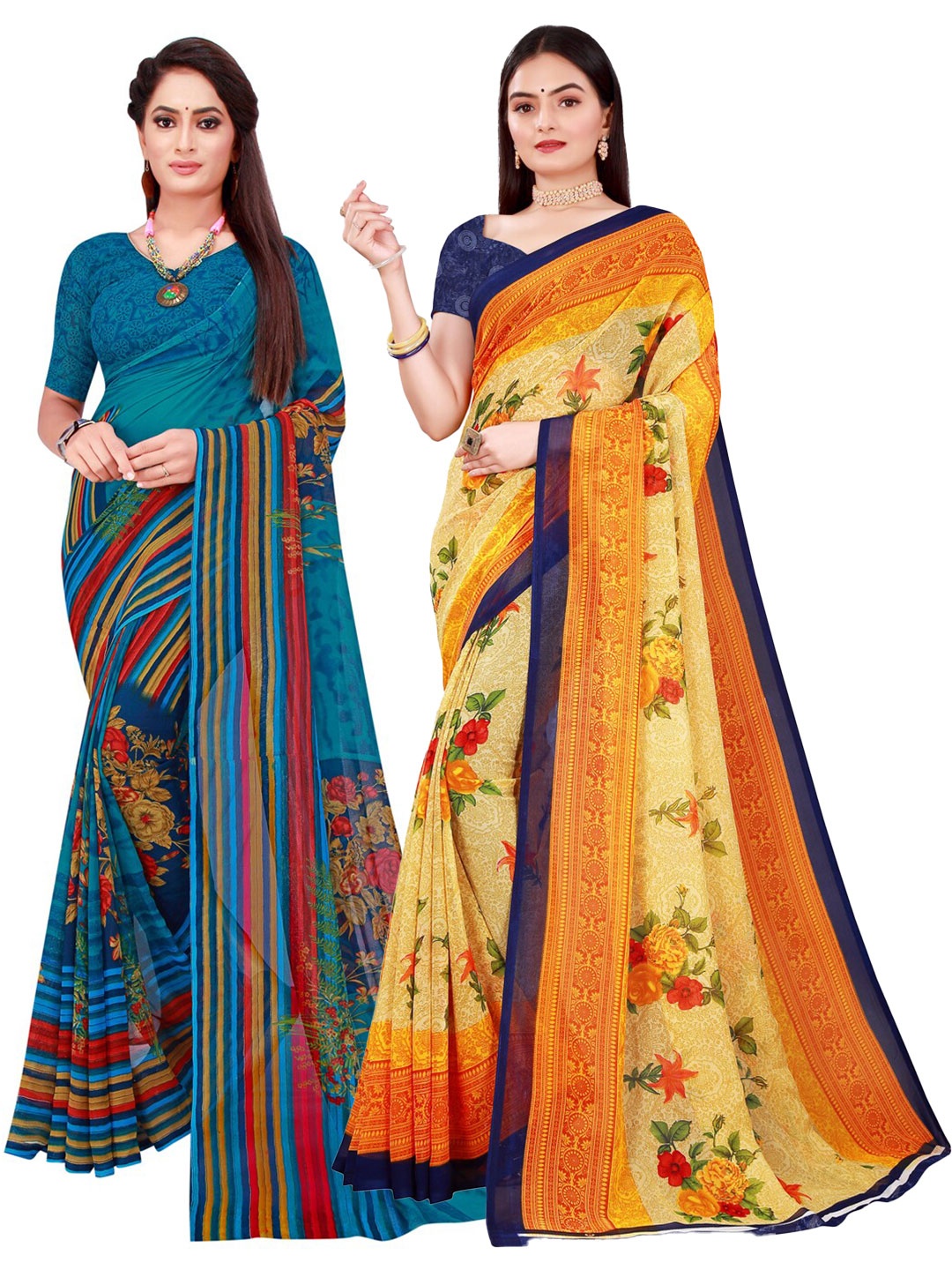

Florence Pack of 2 Beige & Blue Pure Georgette Saree