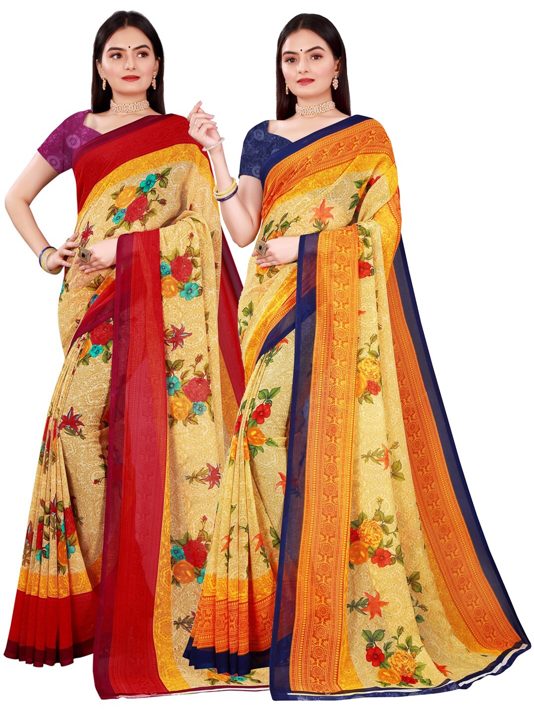 

Florence Beige & Yellow Pack of 2 Floral Pure Georgette Saree