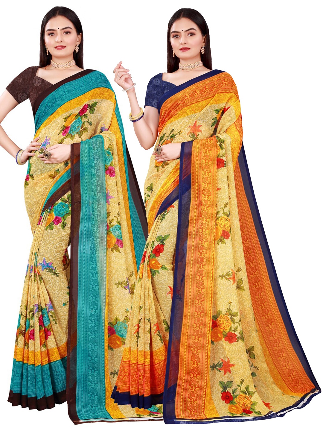 Florence Beige & Green Pure Georgette Saree