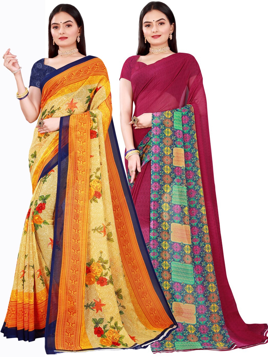 

Florence Pack of 2 Beige & Pink Floral Pure Georgette Saree