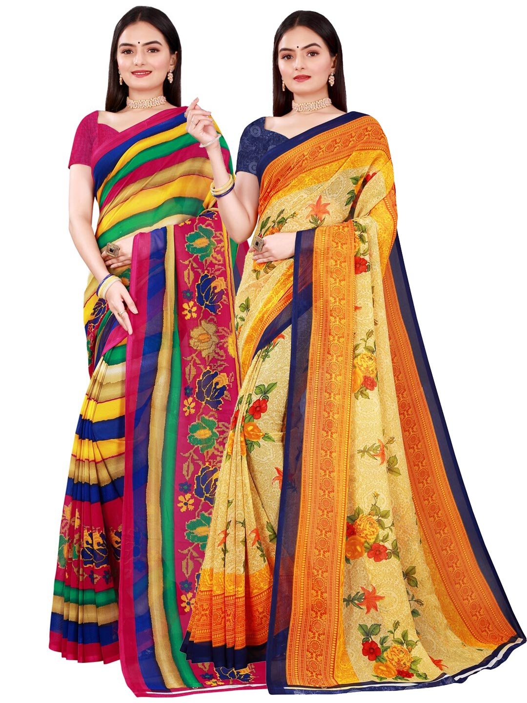 

Florence Set Of 2 Beige & Yellow Floral Pure Georgette Sarees