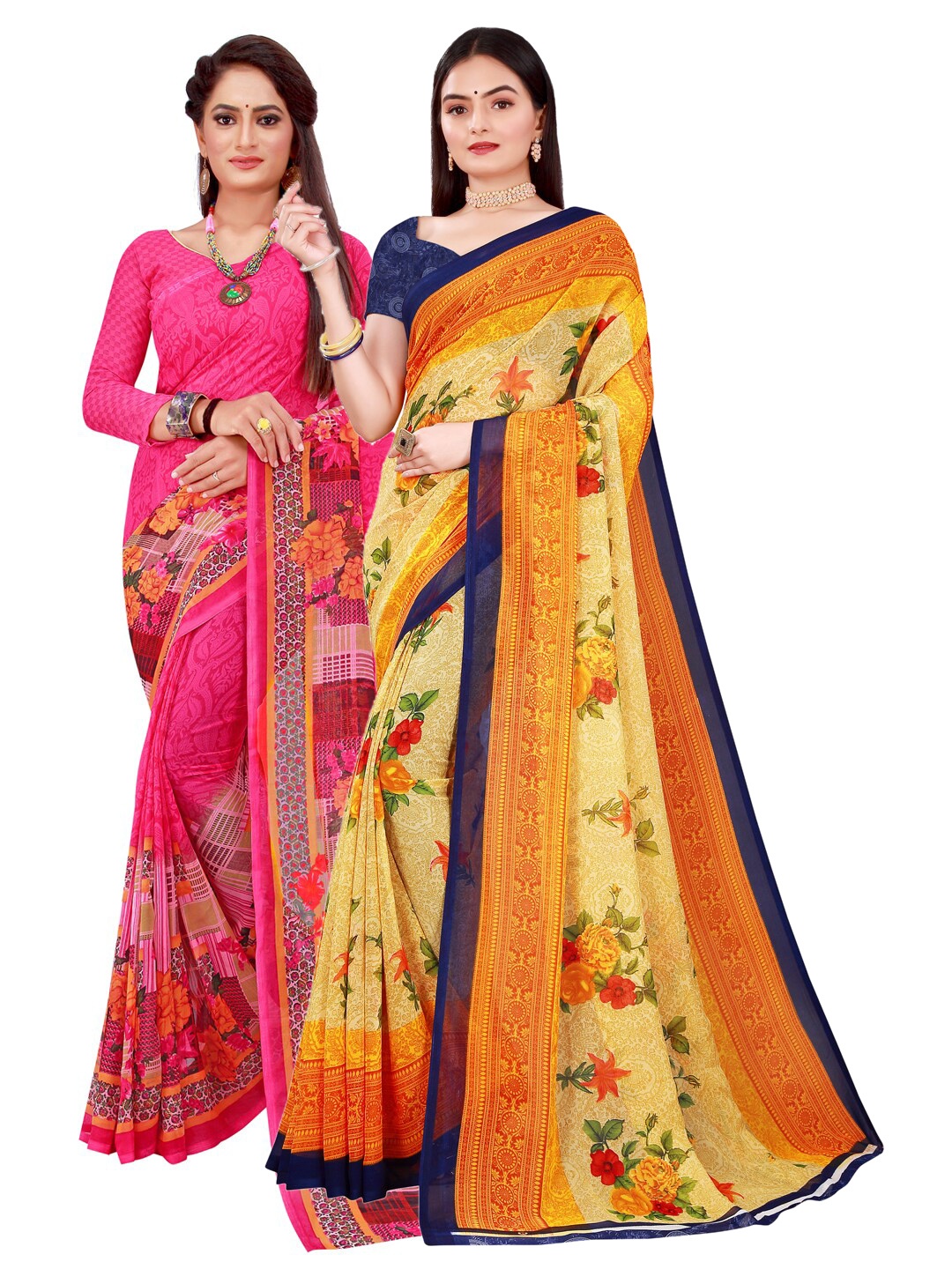 

Florence Pack of 2 Pink & Yellow Floral Pure Georgette Saree