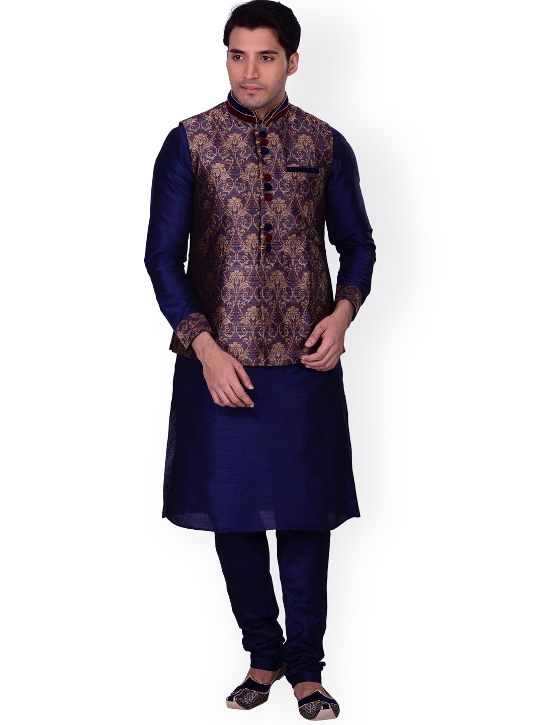 

Manyavar Men Blue Kurta & Churidar with Nehru Jacket