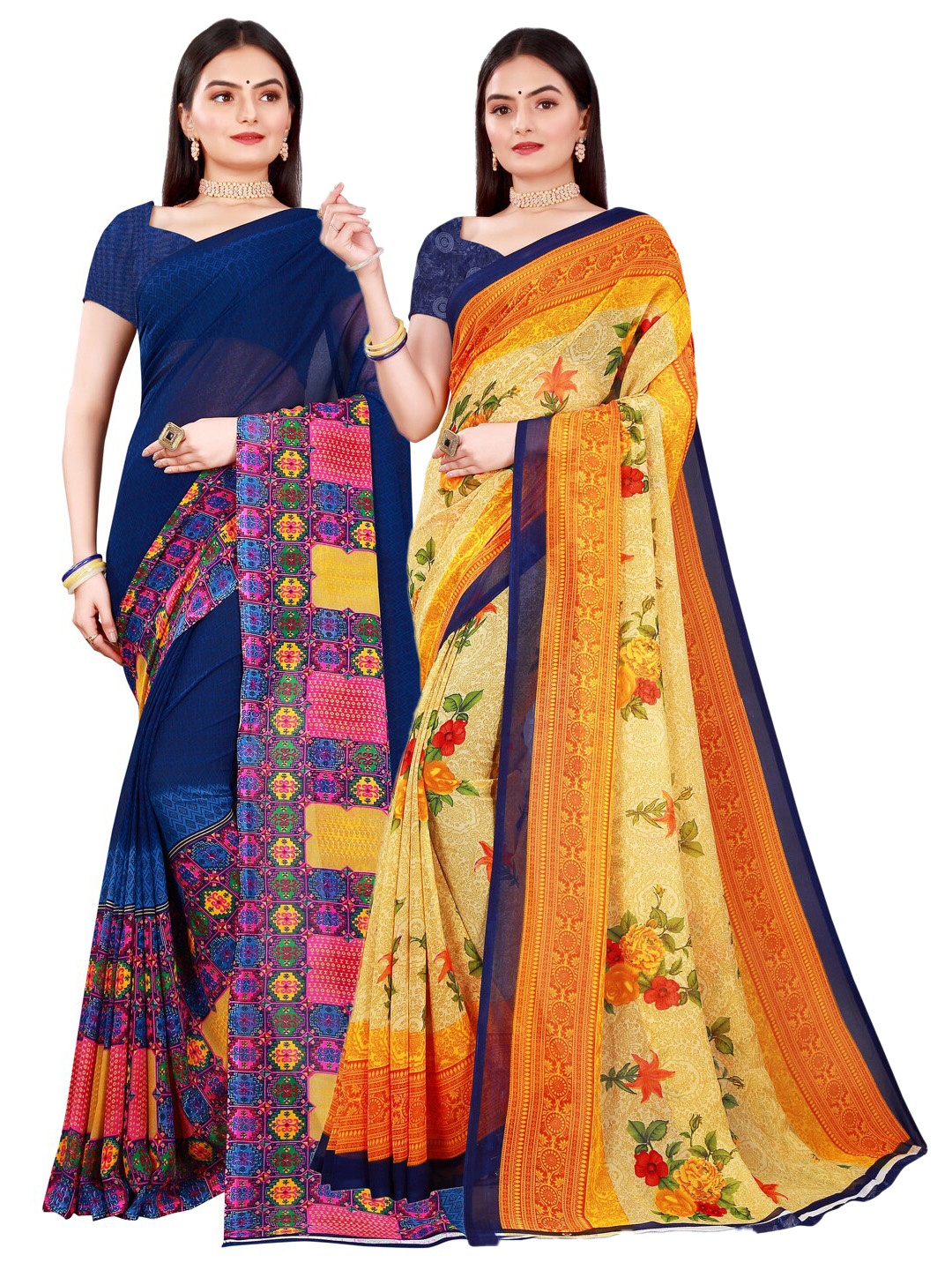 

Florence Pack of 2 Brown & Brown Floral Pure Georgette Saree, Navy blue