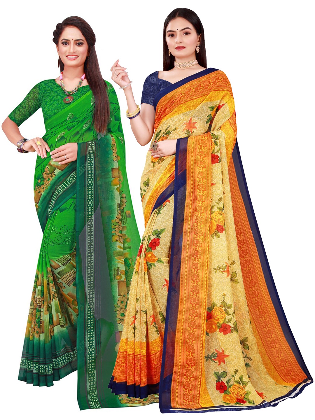 

Florence Green & Beige Set Of 2 Printed Pure Georgette Saree